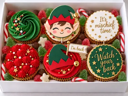 Elf Arrival six cupcake box, Jay's Bakes